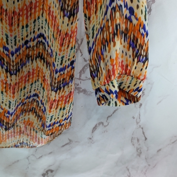 Amanda Uprichard Top Womens Small Orange Silk Chevron Popover Quarter Sleeve - Picture 4 of 10